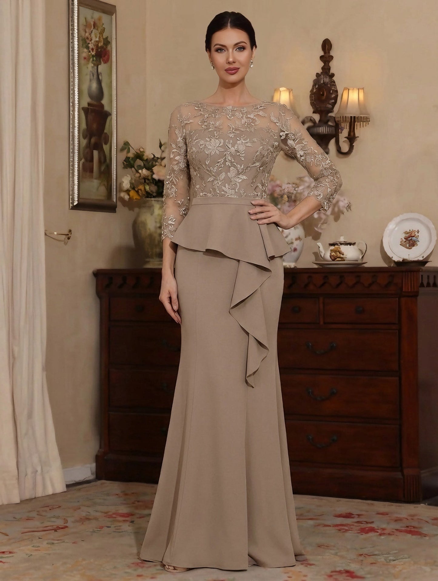 Scoop Chiffon Mother of the Bride Dresses Lace Floor-Length 3/4 Sleeves Ruffles