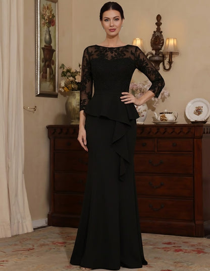 Scoop Chiffon Mother of the Bride Dresses Lace Floor-Length 3/4 Sleeves Ruffles