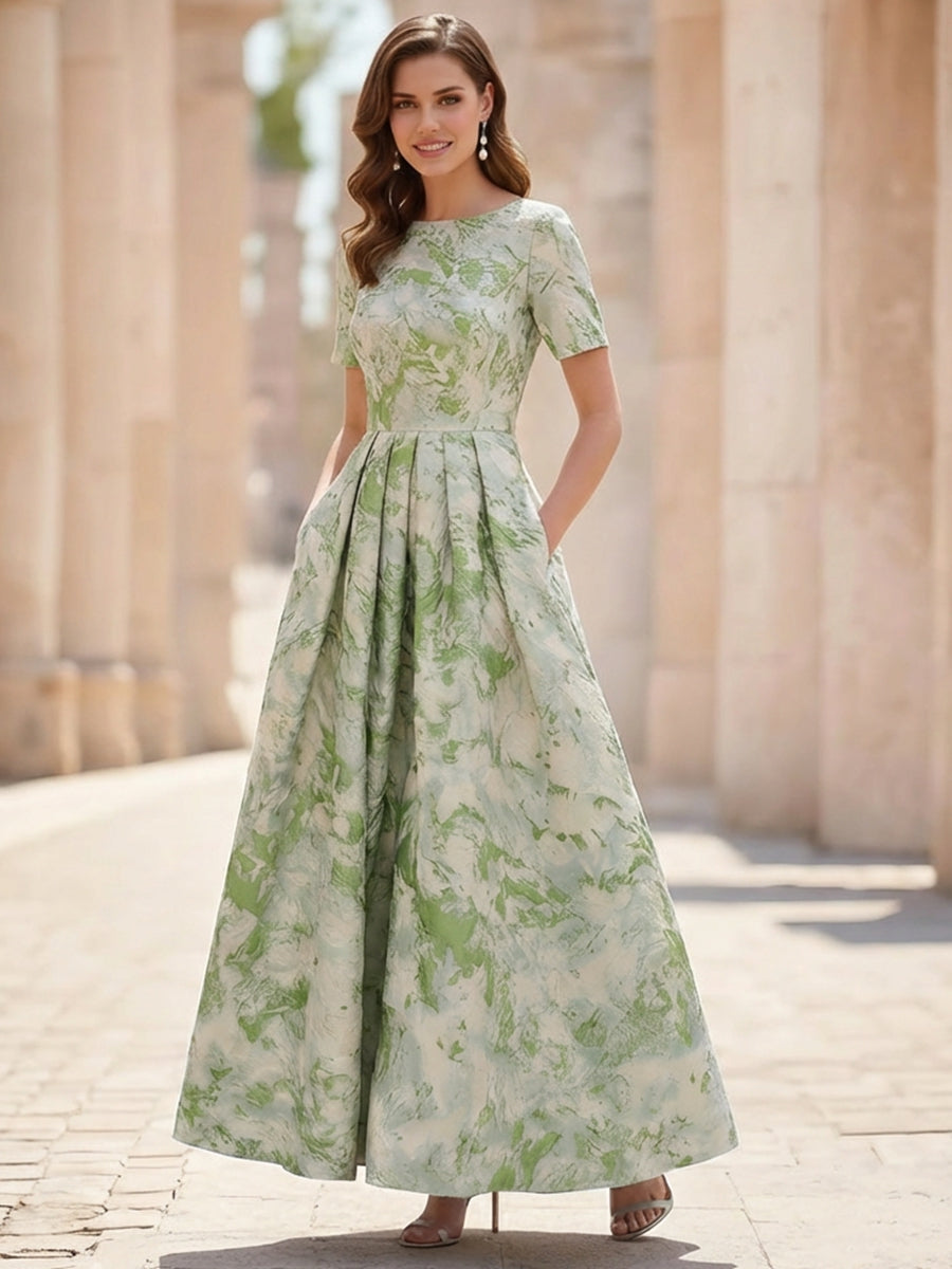 Scoop Jacquard Mother of the Bride Dresses Ankle-Length Short Sleeves Pleats