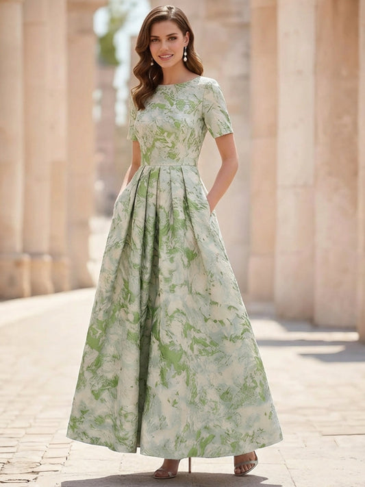 Scoop Jacquard Mother of the Bride Dresses Ankle-Length Short Sleeves Pleats