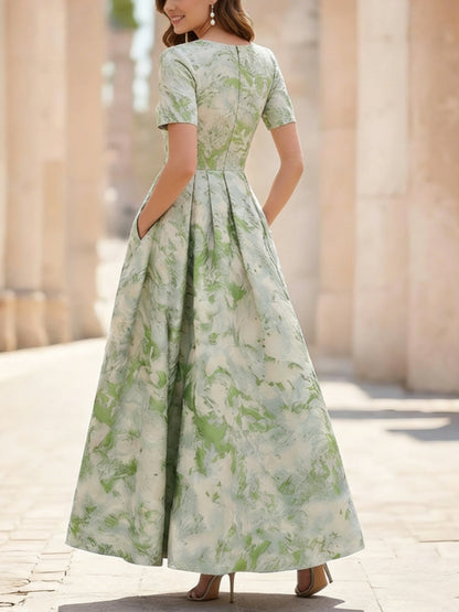 Scoop Jacquard Mother of the Bride Dresses Ankle-Length Short Sleeves Pleats