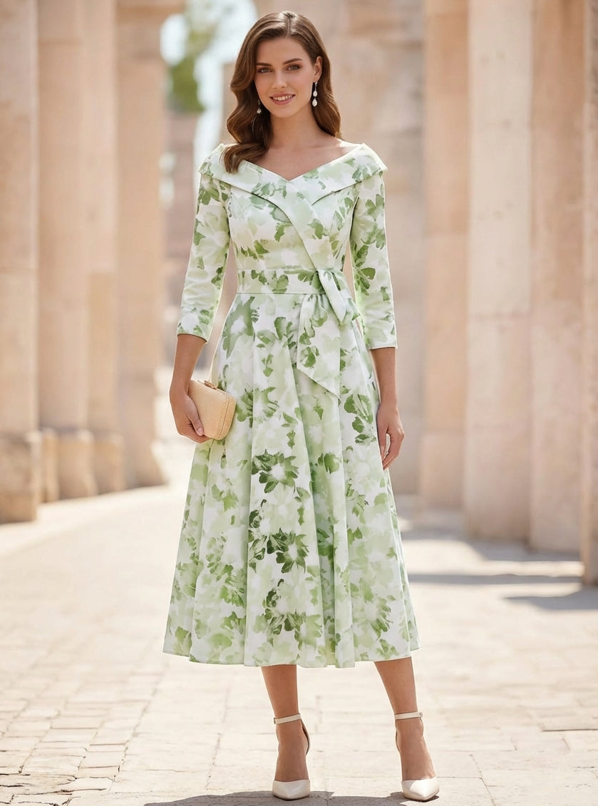 Off-the-Shoulder Printed Satin Mother of the Bride Dresses 3/4 Sleeves Floral Tea-Length