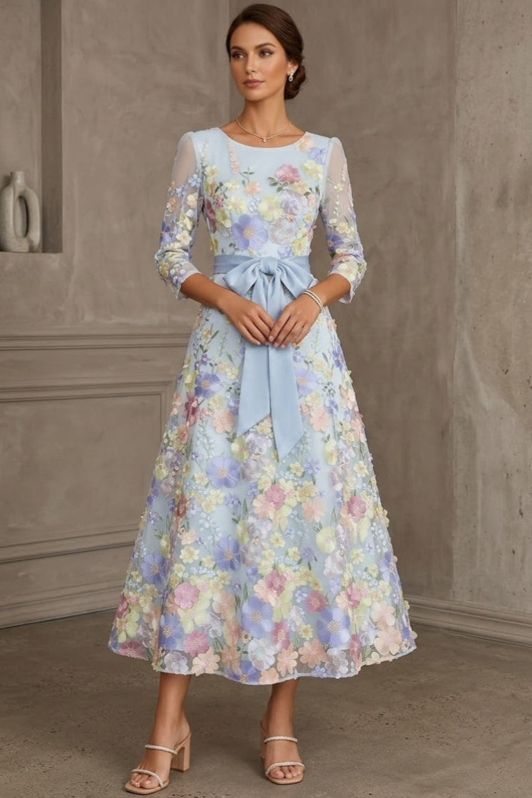 Scoop-Neck 3/4-Sleeves Jacquard Satin&Tulle Ankle-Length A-Line Mother of the Bride Dress