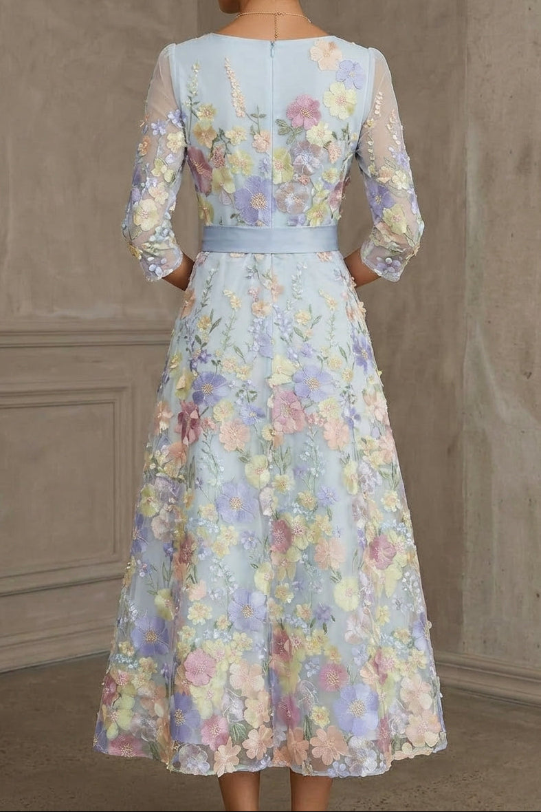 Scoop-Neck 3/4-Sleeves Jacquard Satin&Tulle Ankle-Length A-Line Mother of the Bride Dress