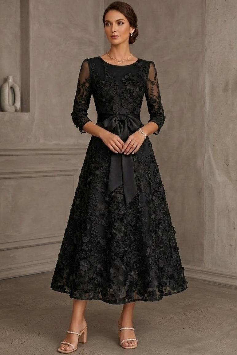 Scoop-Neck 3/4-Sleeves Jacquard Satin&Tulle Ankle-Length A-Line Mother of the Bride Dress