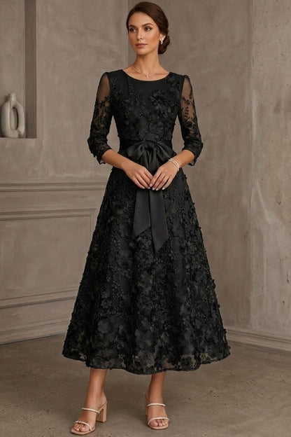 Scoop-Neck 3/4-Sleeves Jacquard Satin&Tulle Ankle-Length A-Line Mother of the Bride Dress