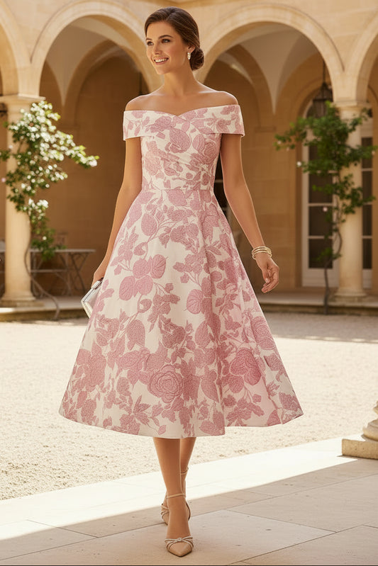 V-Neck Off-Shoulder Sleeveless Tea-Length Jacquard Satin A-Line Mother of the Bride Dress