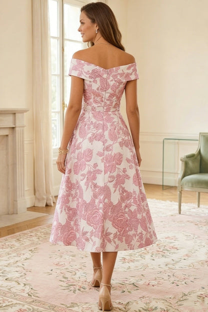 V-Neck Off-Shoulder Sleeveless Tea-Length Jacquard Satin A-Line Mother of the Bride Dress