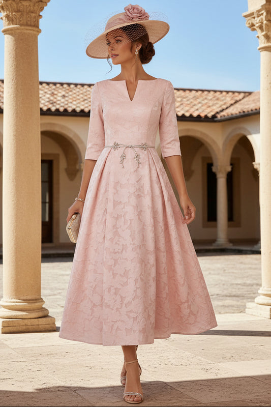 Top 3/4-Sleeves Jacquard Satin Pleated Ankle-Length A-Line Mother of the Bride Dress