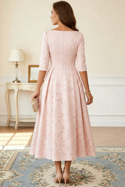Top 3/4-Sleeves Jacquard Satin Pleated Ankle-Length A-Line Mother of the Bride Dress