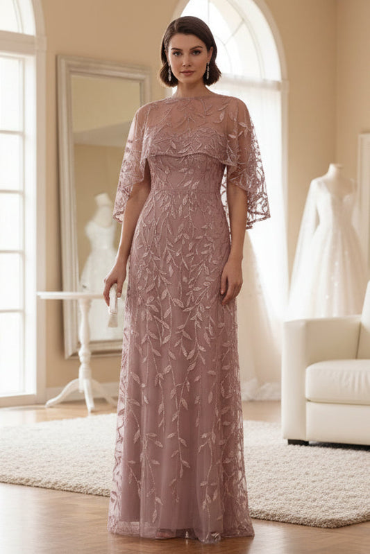 Sequins Floral Cape Sleeves Lace Mother of the Bride Dress