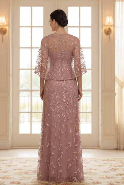 Sequins Floral Cape Sleeves Lace Mother of the Bride Dress