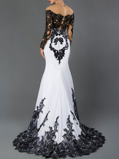 Column Scoop Evening Dresses lace Sweep Train Formal Party Dress