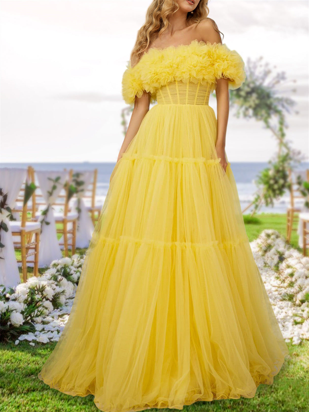 Princess Off-the-Shoulder Prom Dresses Tulle Evening Party Dress