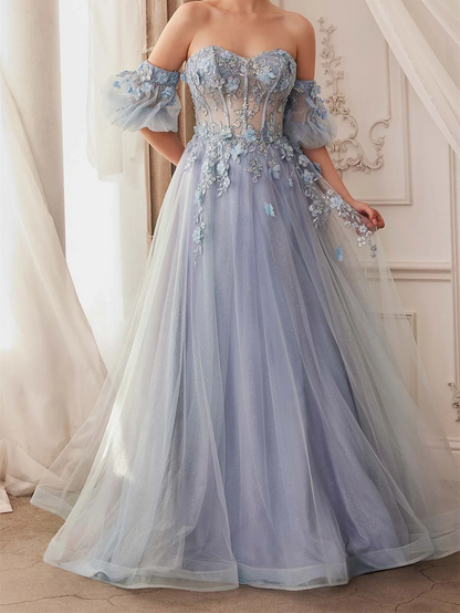 Princess Sweetheart Short Sleeves Floor-length Long Prom Dress