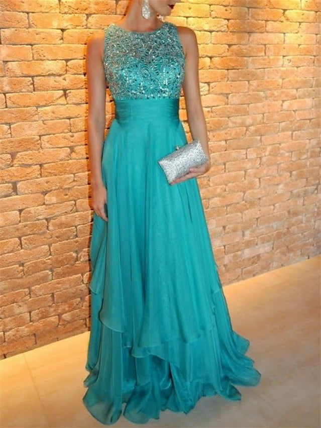 A-Line Jewel Neck Sleeveless Floor-Length Evening Dress