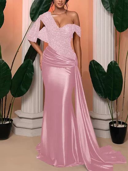 Trumpet One Shoulder Sleeveless Wedding Guest Dress