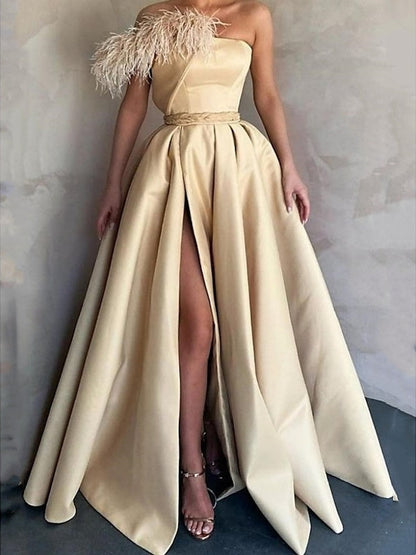 A-Line Floor Length Sleeveless One Shoulder Prom Dress