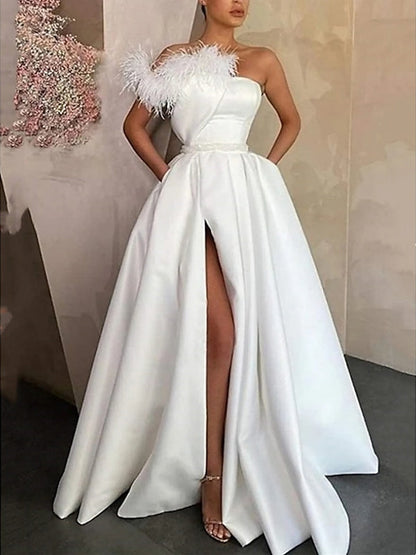 A-Line Floor Length Sleeveless One Shoulder Prom Dress