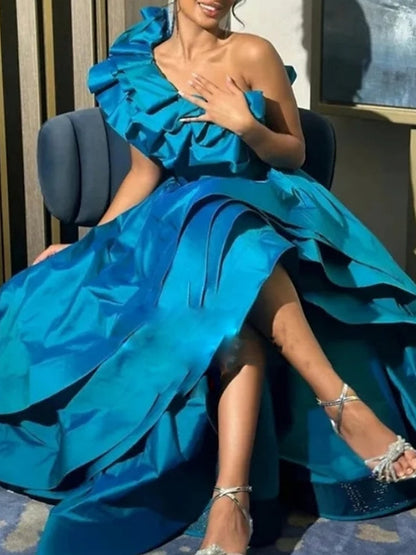 Floor Length Asymmetrical Sleeveless Satin with Ruffles Slit