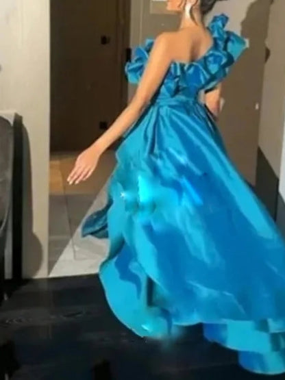 Floor Length Asymmetrical Sleeveless Satin with Ruffles Slit