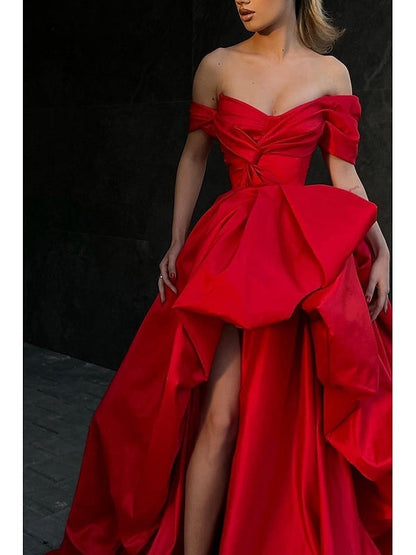 A-Line Sweep Off Shoulder Sleeveless Prom Satin with Slit