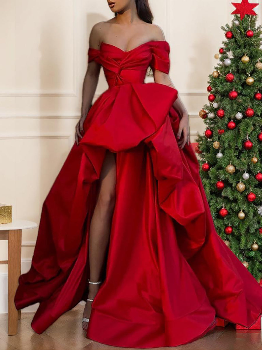 A-Line Sweep Off Shoulder Sleeveless Prom Satin with Slit