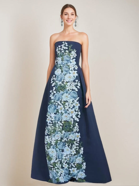 A-Line Elegant Strapless Sleeveless Floor-Length Printed Floral Prom Dresses