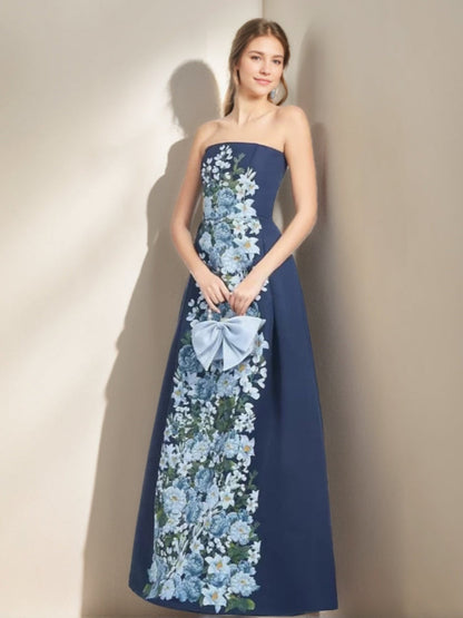 A-Line Elegant Strapless Sleeveless Floor-Length Printed Floral Prom Dresses