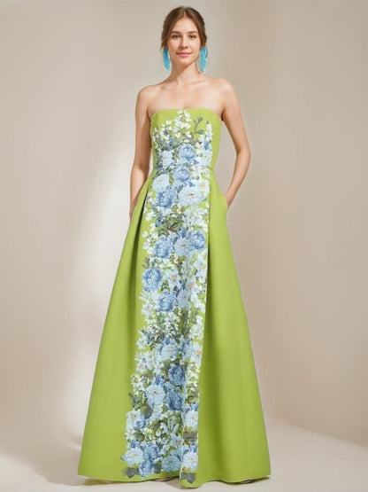 A-Line Elegant Strapless Sleeveless Floor-Length Printed Floral Prom Dresses