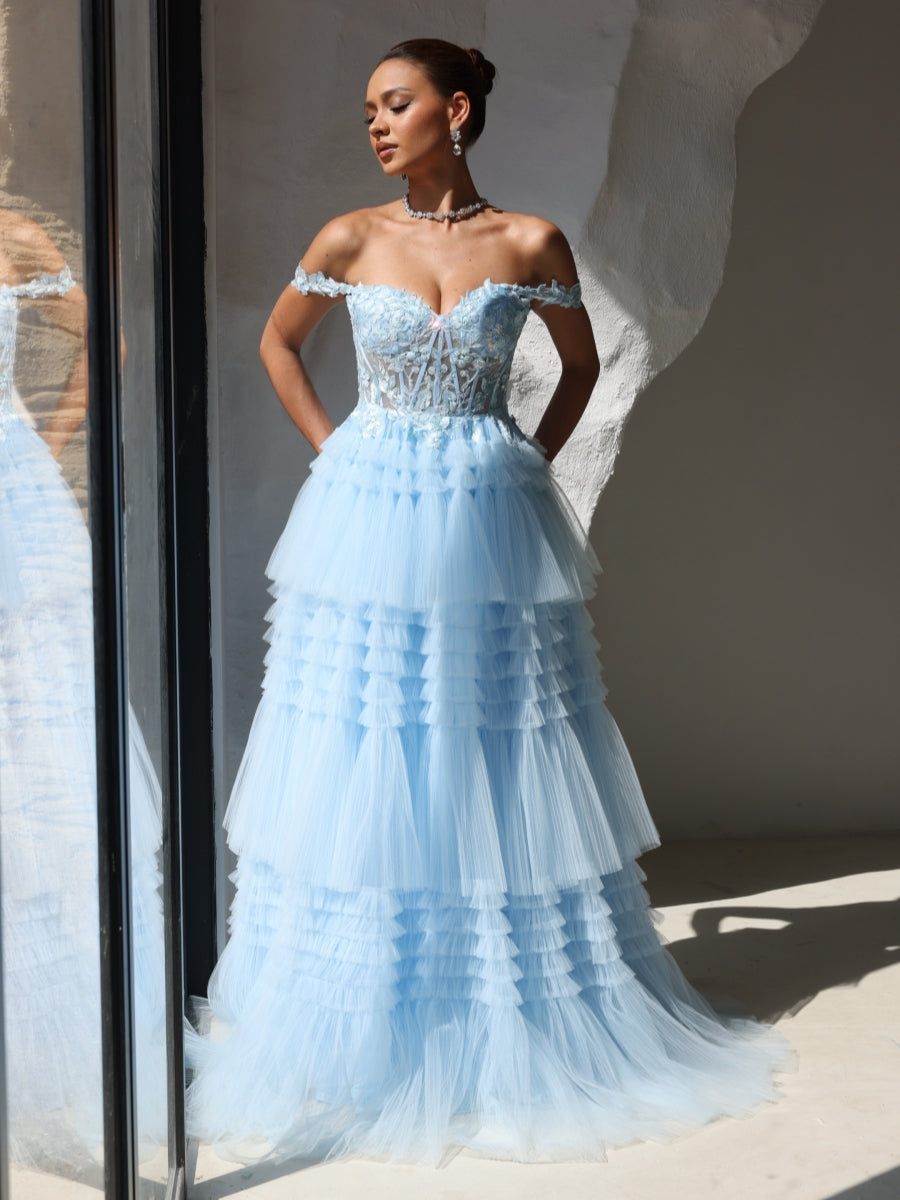 A-Line/Princess Strapless Floor-Length Tulle Lace Formal Evening Dress