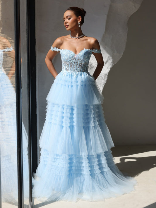 A-Line/Princess Strapless Floor-Length Tulle Lace Formal Evening Dress