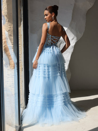 A-Line/Princess Strapless Floor-Length Tulle Lace Formal Evening Dress