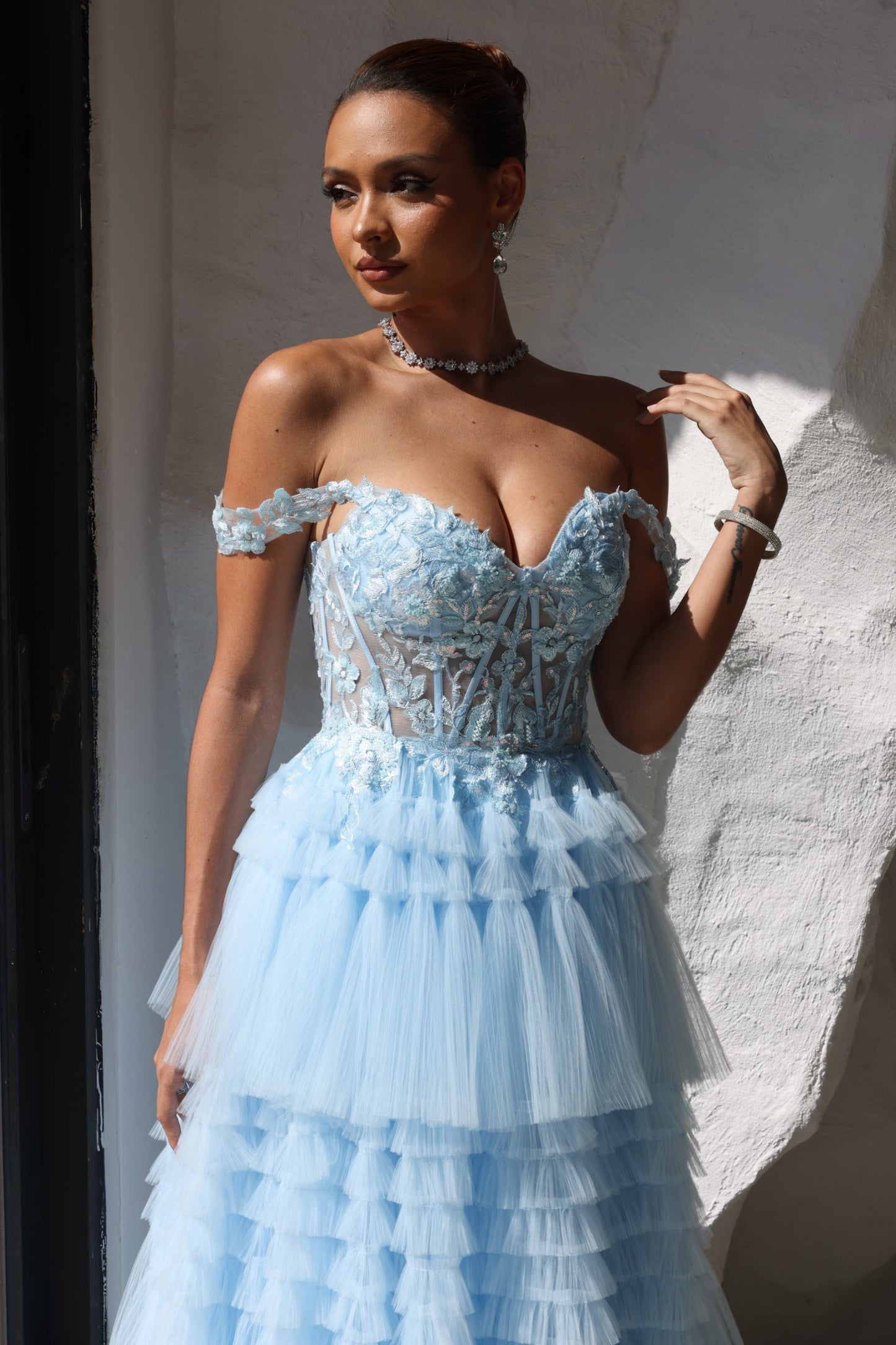 A-Line/Princess Strapless Floor-Length Tulle Lace Formal Evening Dress