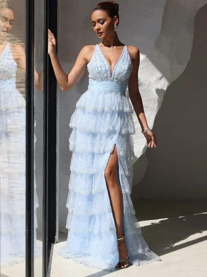 A-Line Prom Dress Short Sleeves V Neck Sequins Tulle Layered Formal Gowns