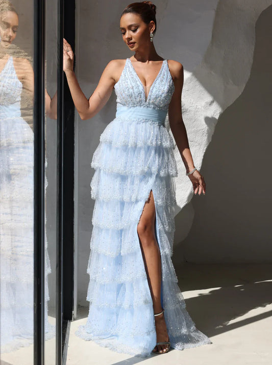 A-Line Prom Dress Short Sleeves V Neck Sequins Tulle Layered Formal Gowns