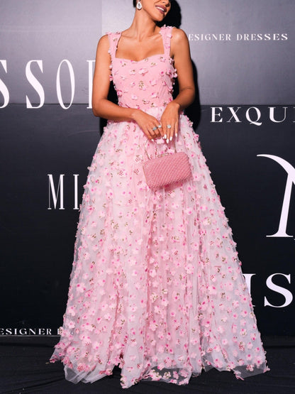 Princess Square Collar Prom Dresses Tulle Flower Floor-Length Formal Dress