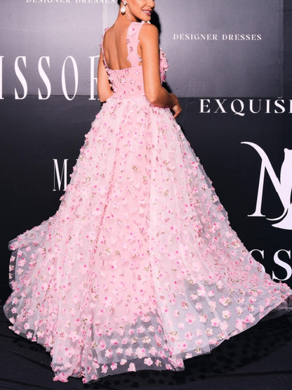 Princess Square Collar Prom Dresses Tulle Flower Floor-Length Formal Dress