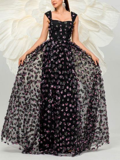 Princess Square Collar Prom Dresses Tulle Flower Floor-Length Formal Dress