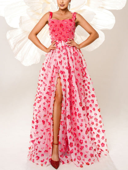 Princess Square Collar Prom Dresses Tulle Flower Floor-Length Formal Dress