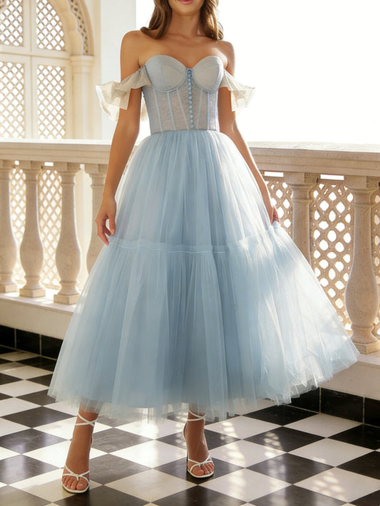 Princess Sweetheart Tulle Prom Dresses Ruffle Sleeves Ankle-Length Formal Dress