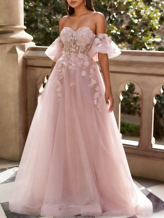Princess Tulle Sweetheart Prom Dresses Floor-Length Lace Formal Dresses