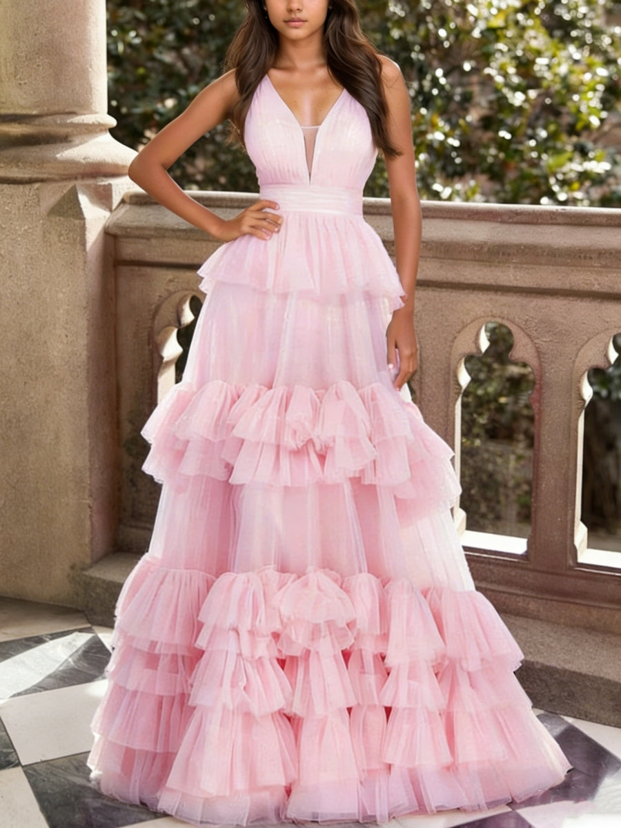 Princess V-Neck Tulle Prom Dresses Ruffles Floor-Length Sleeveless Formal Dress