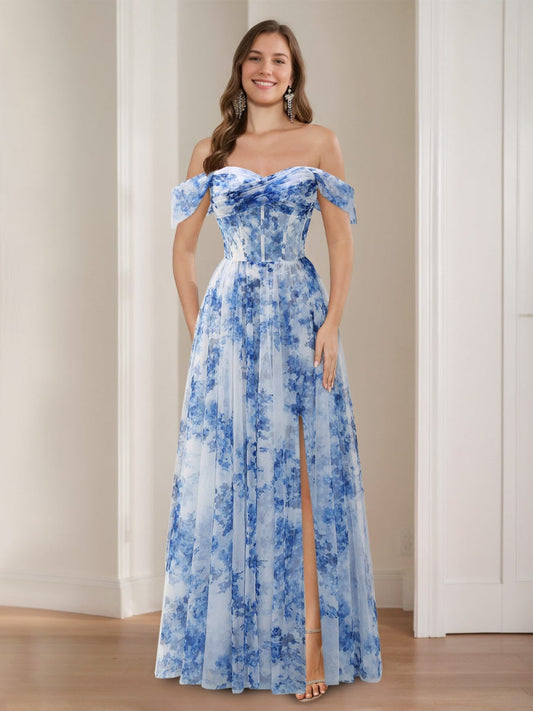 Off-shoulder Pleated Floor-Length Printed Floral Evening Dress