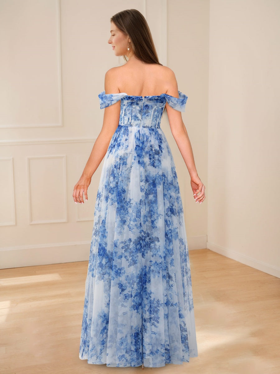 Off-shoulder Pleated Floor-Length Printed Floral Evening Dress