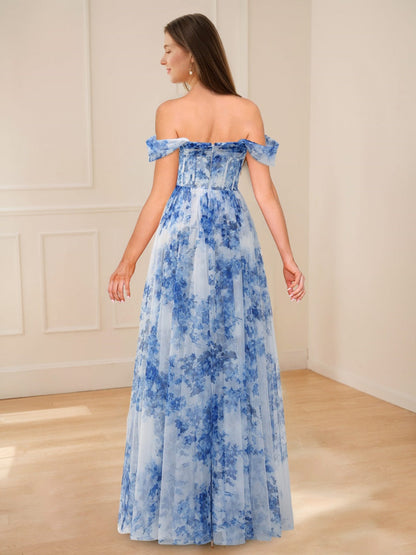 Off-shoulder Pleated Floor-Length Printed Floral Evening Dress