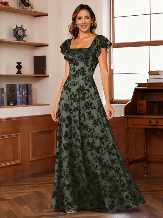 A-Line/Princess Square Collar Wedding Guest Dresses Short Sleeves with Ruffles