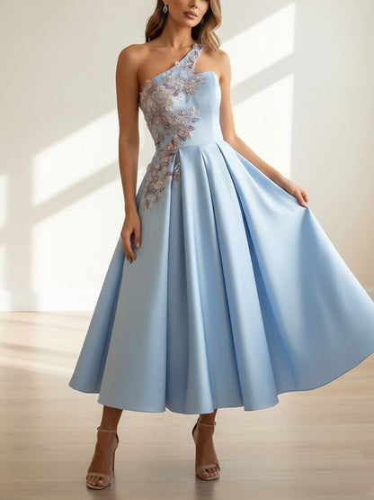 A-Line One-Shoulder Satin Cocktail Dresses Sleeveless Formal Dress