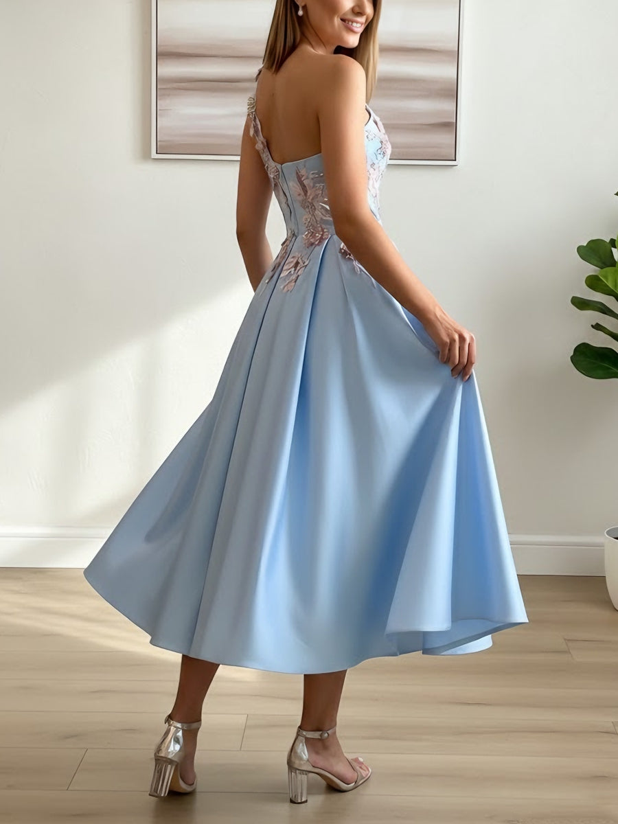 A-Line One-Shoulder Satin Cocktail Dresses Sleeveless Formal Dress