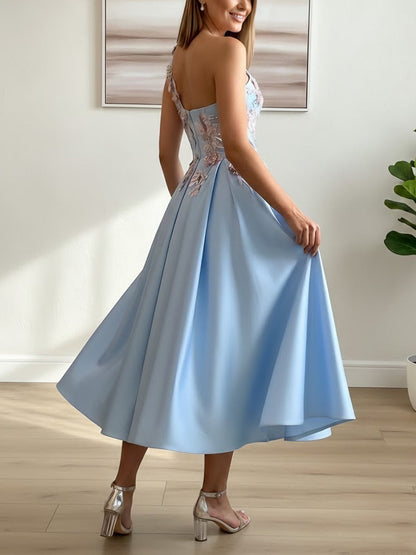 A-Line One-Shoulder Satin Cocktail Dresses Sleeveless Formal Dress